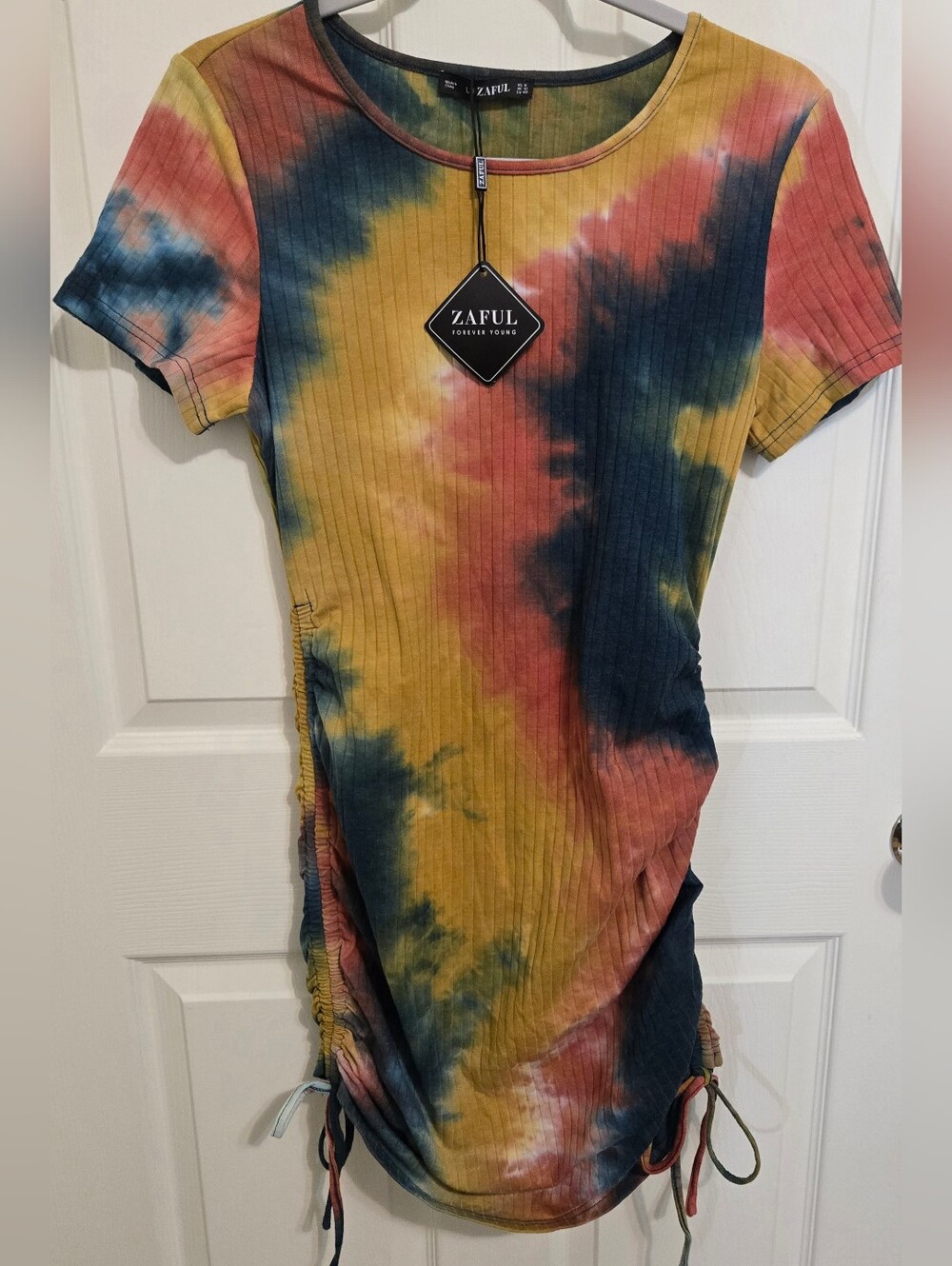 Zaful Tie-Dye Ribbed Short Sleeve Tunic in Yellow, Blue, Coral